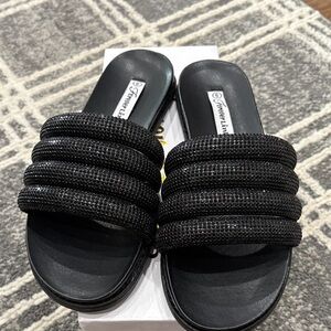 Forever Link Black Rhinestone Slide Sandals